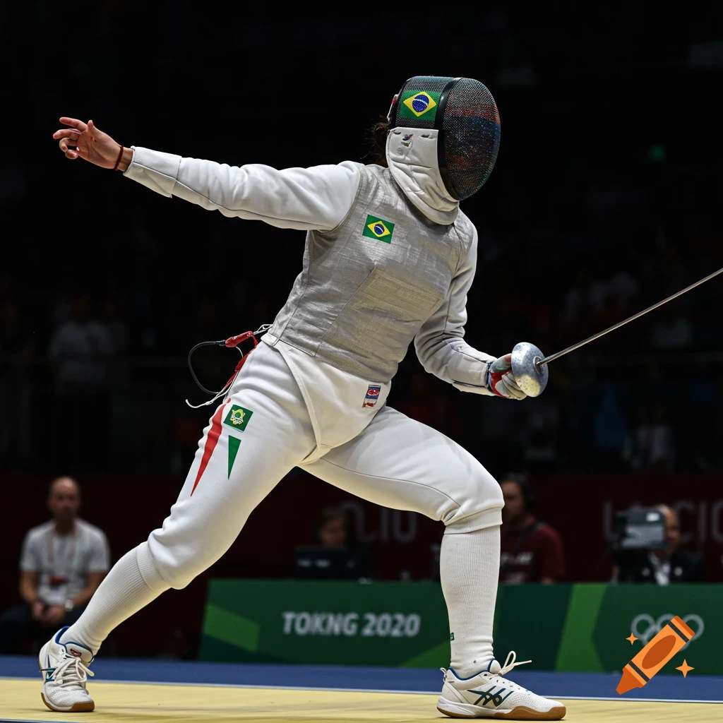 A Brazilian woman fencer in white uniform with flags, holding a foil in a dynamic pose during competition.