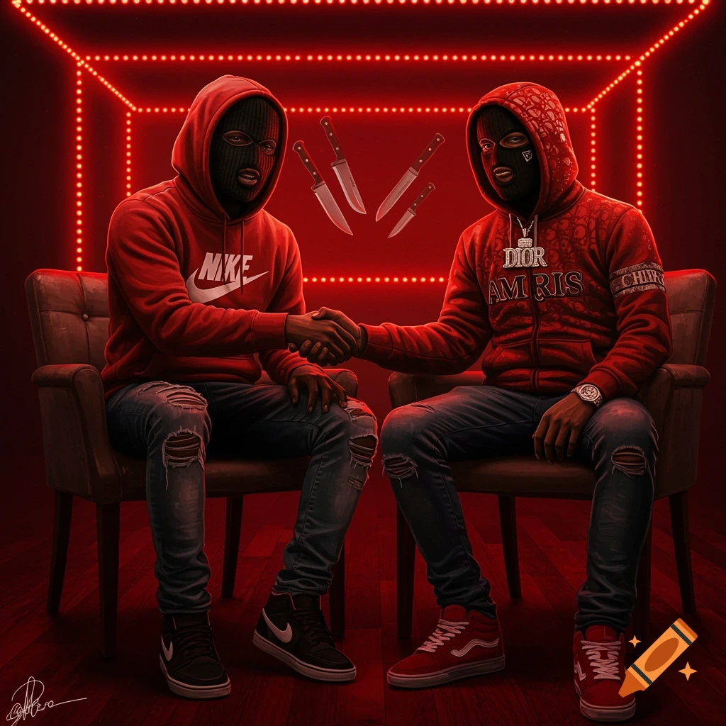 Two men in ski masks and hoodies are shaking hands. Knives are floating in the air around them, and the room is lit by red neon lights.