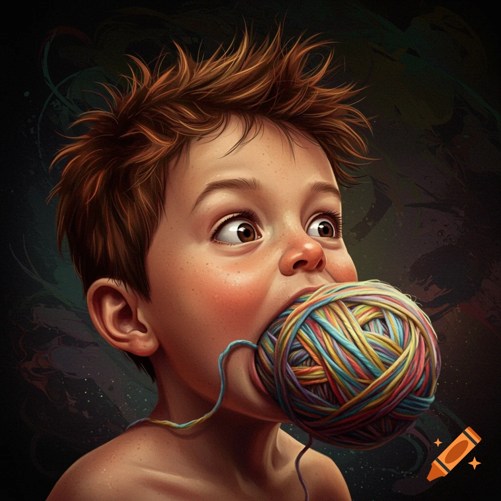 A wide-eyed young boy holding a large ball of colorful yarn in his mouth.