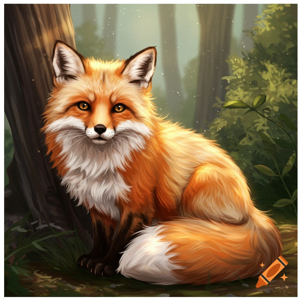 A fluffy orange and white fox sitting by a tree in a forest.