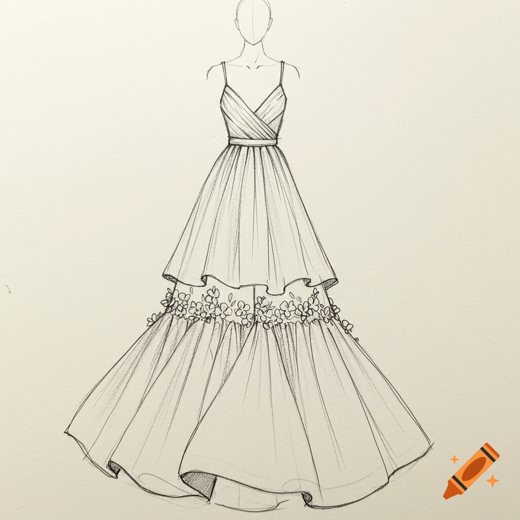 A fashion sketch of a tiered dress on a figure.