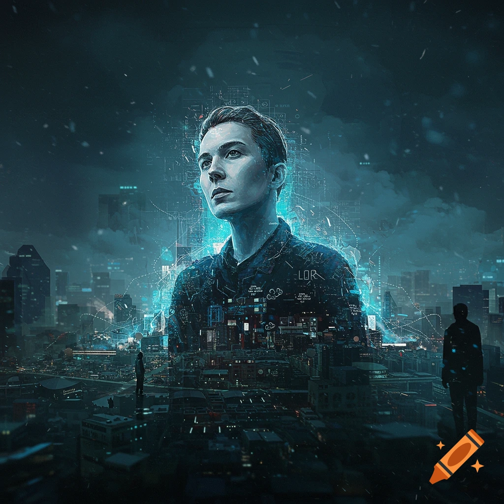 A person with a glowing digital overlay stands above a futuristic cityscape in a dark, blue-toned scene.