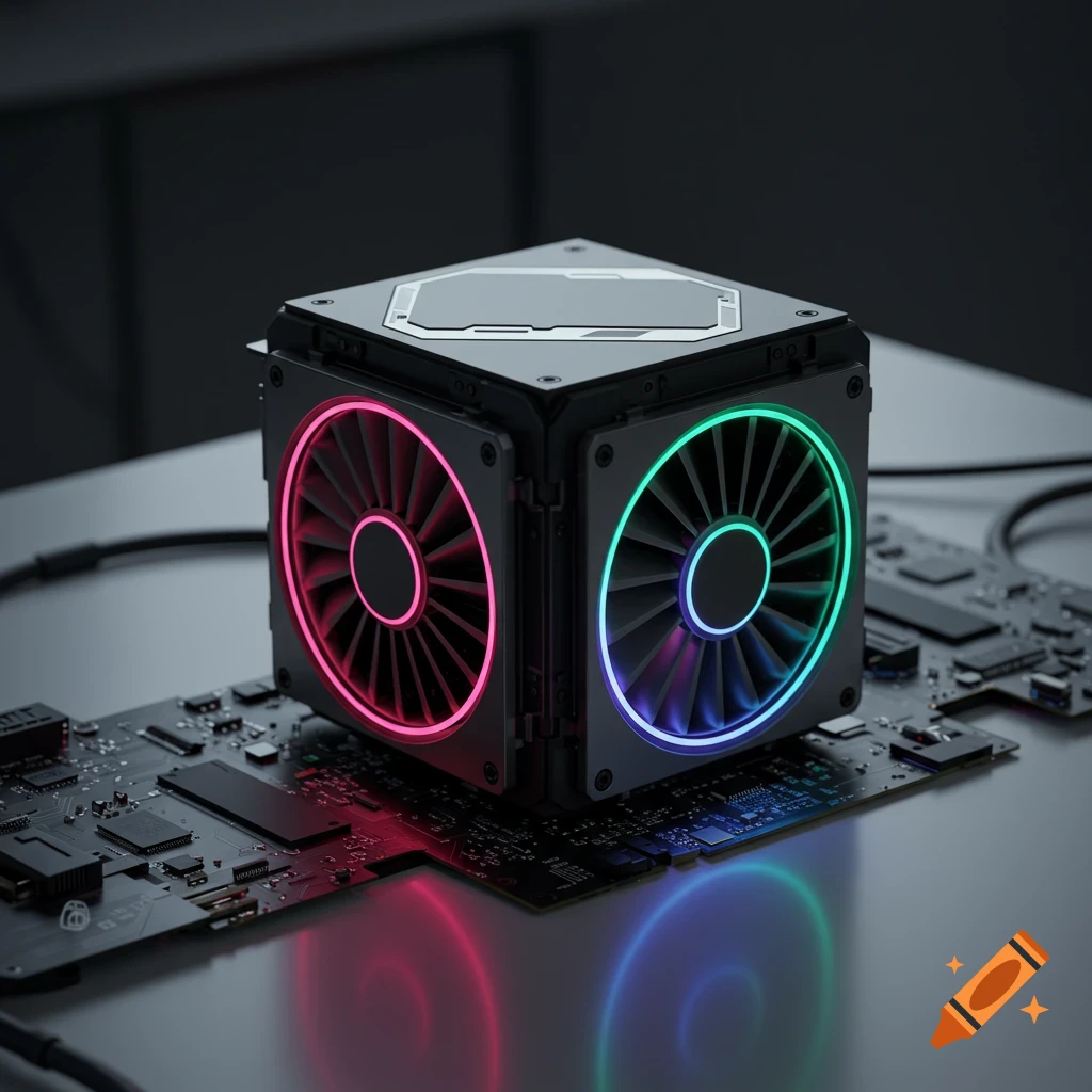 A close-up, photorealistic image of a cube-shaped device with glowing RGB fans resting on a circuit board.