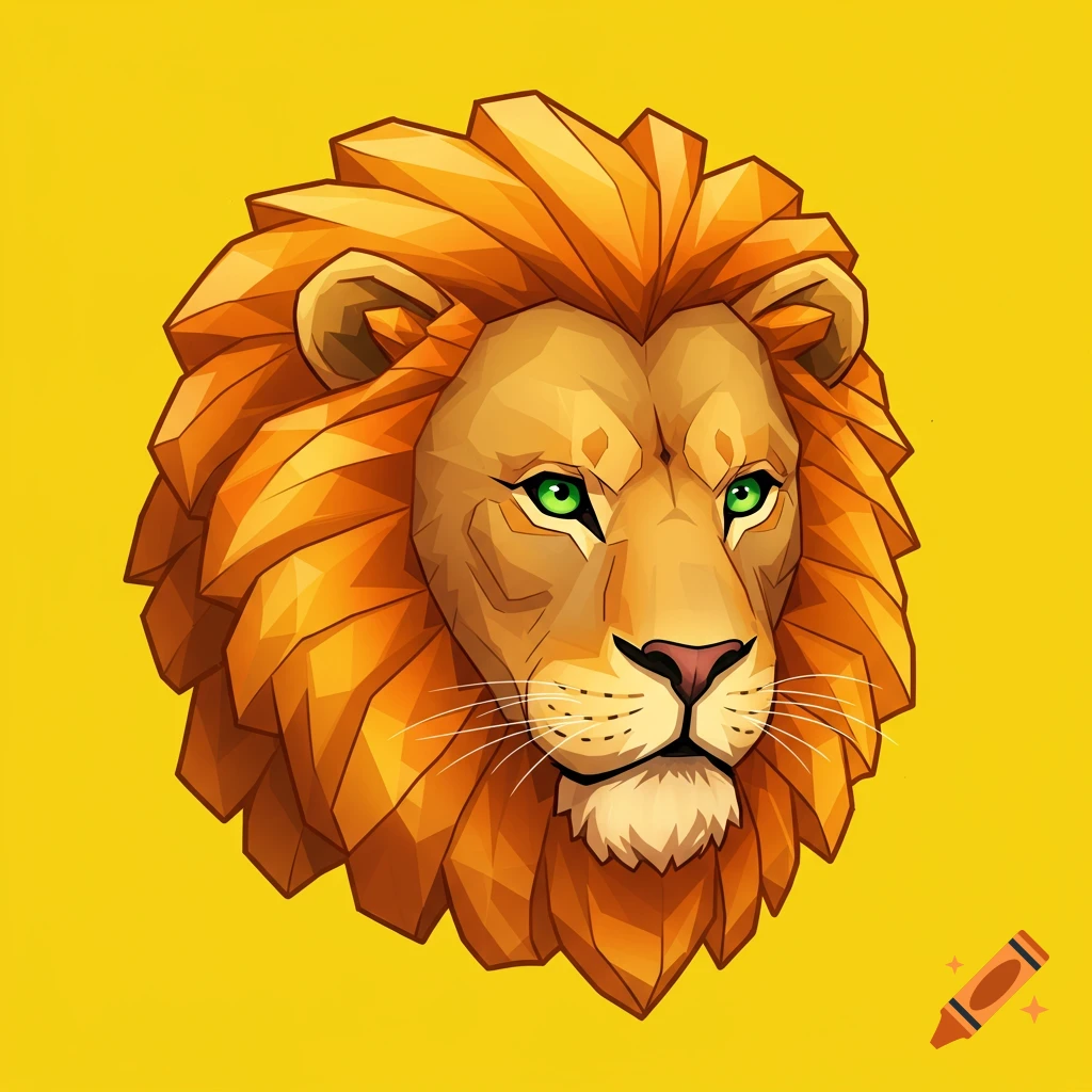 A close-up of a geometric lion head with green eyes on a yellow background.