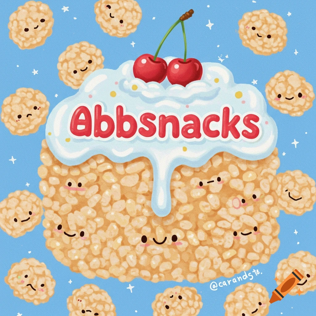 Cute cartoon rice crispy treat with frosting and cherries, surrounded by smaller rice crispies, all with faces, on a blue background. Text says Abbsnacks.