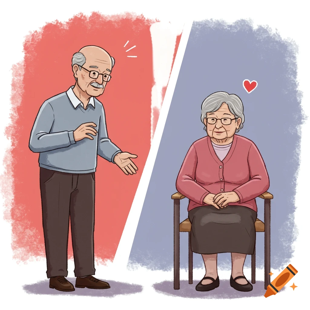 Cartoon illustration of an older man and an older woman