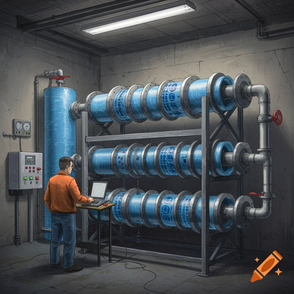 Digital illustration of a man working on a large industrial water filtration system