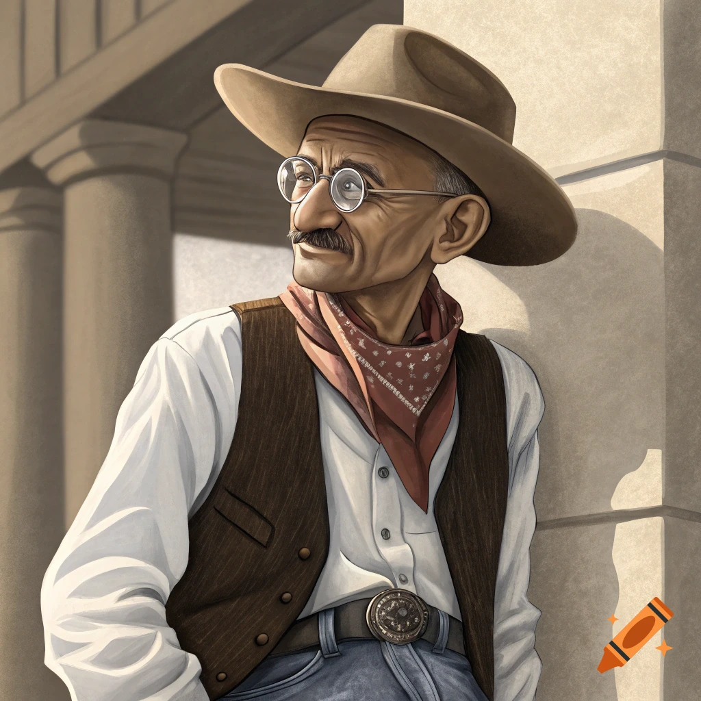 Illustration of a man resembling Gandhi dressed as a cowboy, leaning against a building.