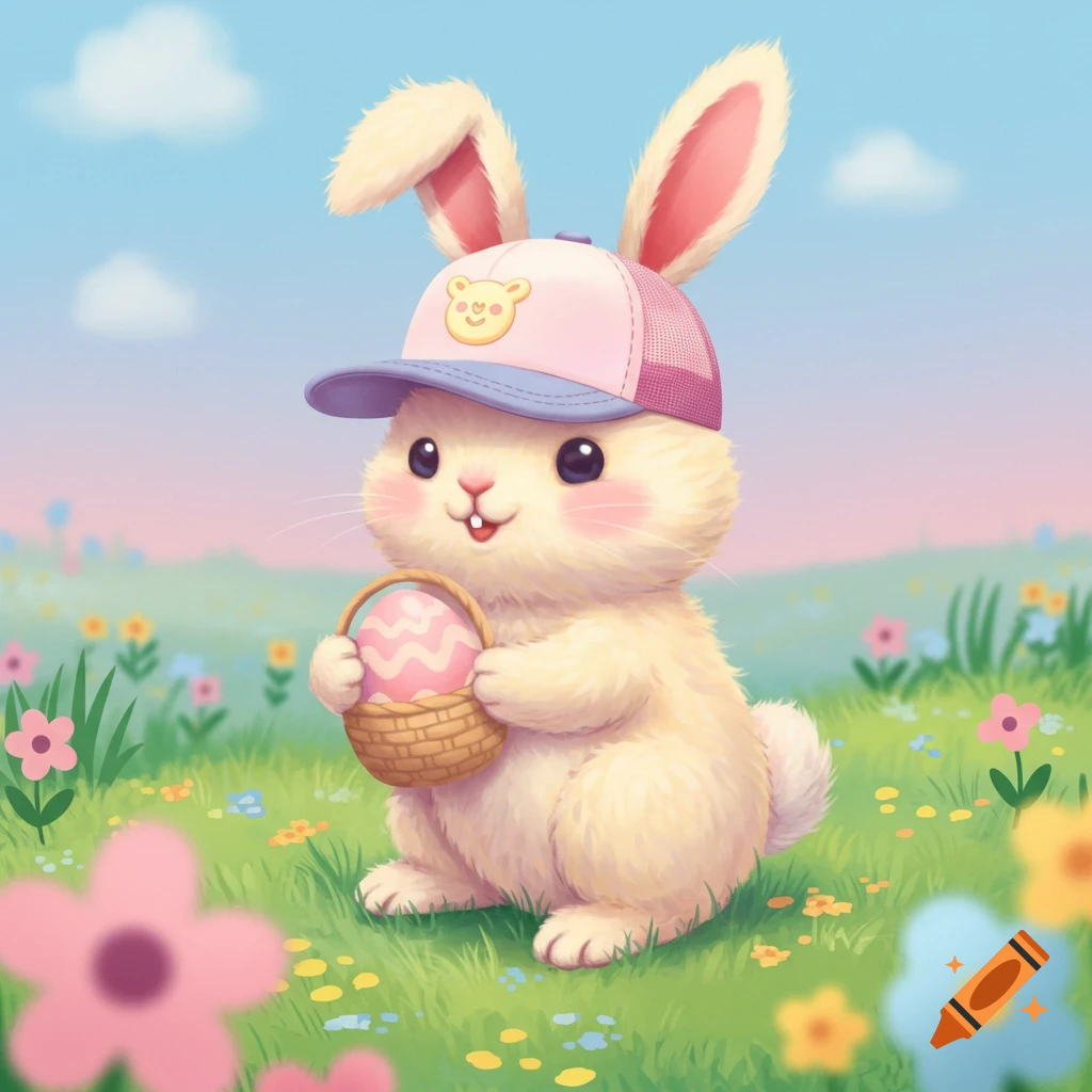 Cute Easter bunny wearing a trucker hat, holding an Easter egg in a basket in a field of flowers.