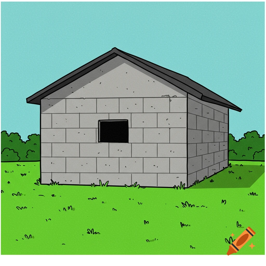 A 2d cartoon illustration of a single-story concrete block house.