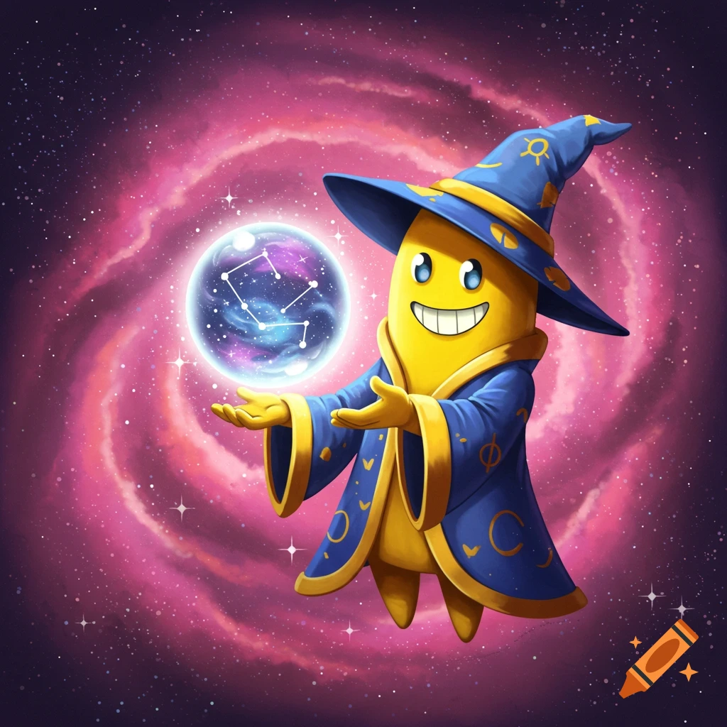 A yellow cartoon wizard holds a glowing crystal ball against a swirling galaxy background with a visible constellation.
