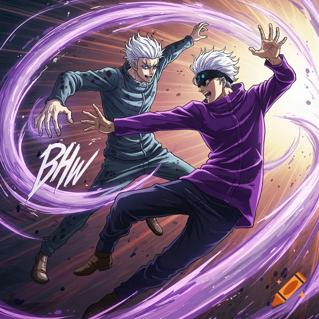 Two anime characters with white hair fighting, surrounded by swirling purple energy.