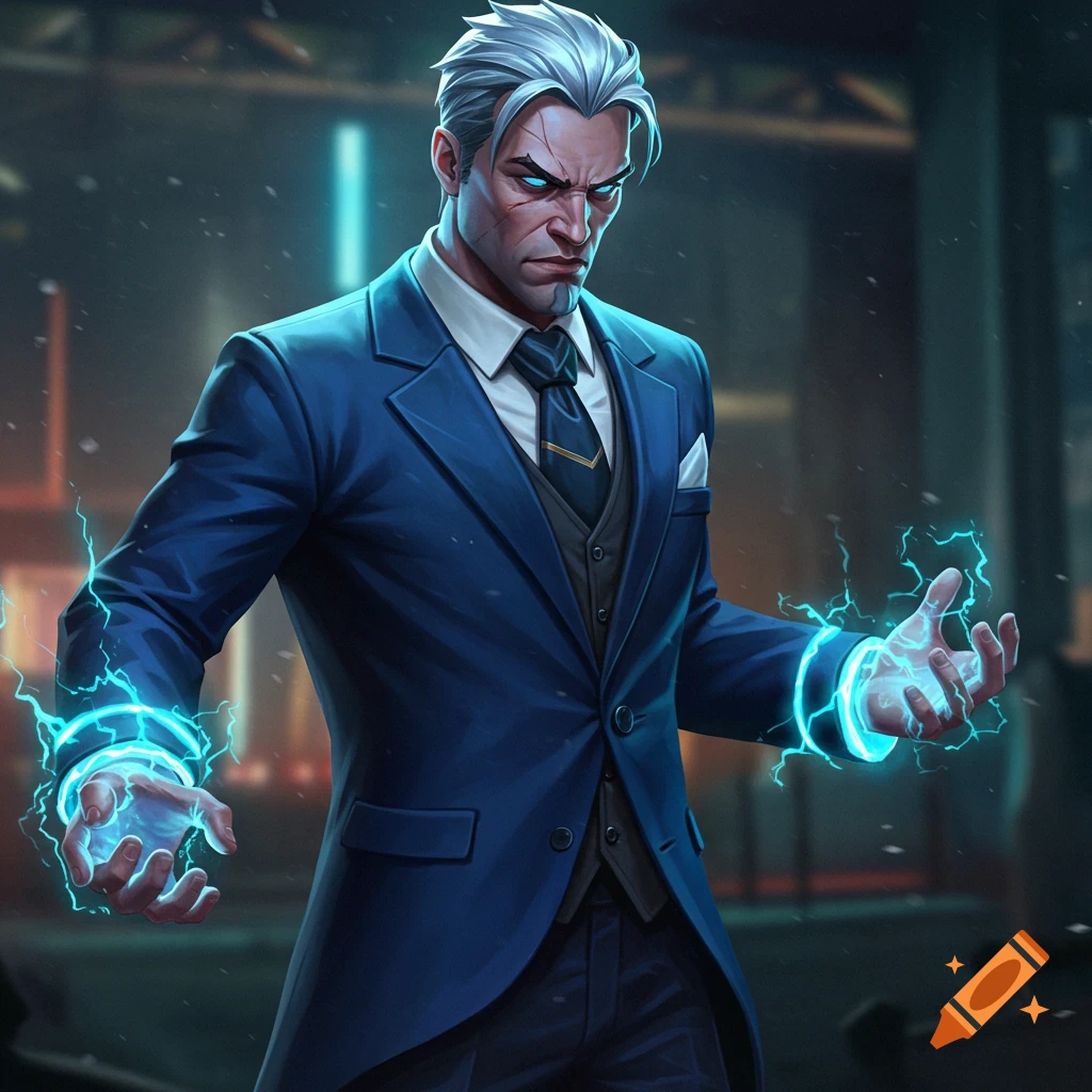 Digital art of a man in a blue suit generating blue lightning from his hands.