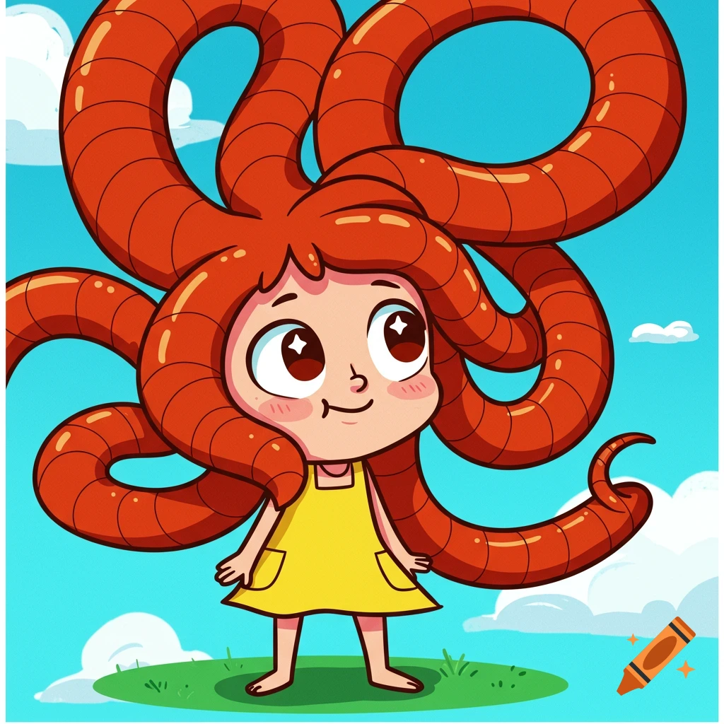 A rubber hose style cartoon of a girl with red tentacles for hair standing on grass under a blue sky.