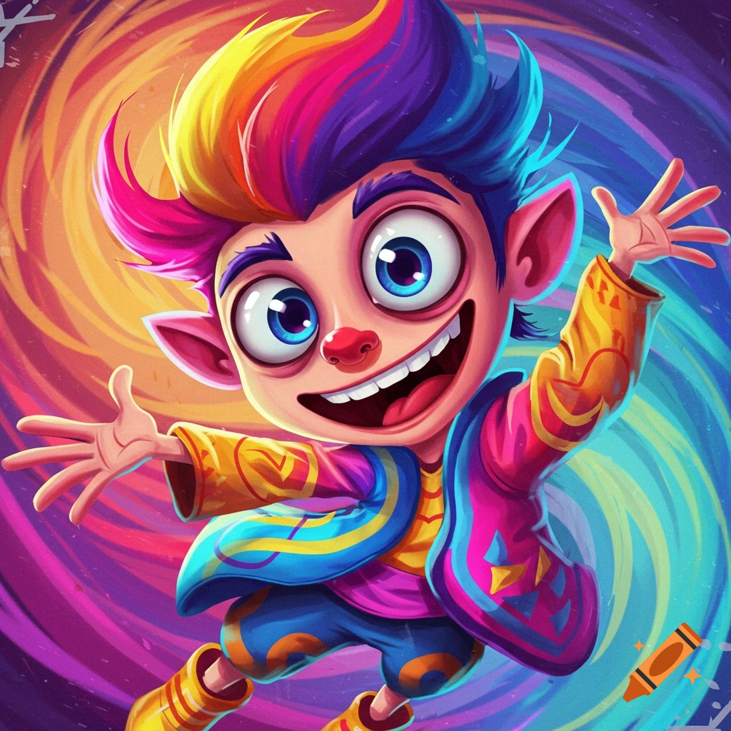 Colorful cartoon character with rainbow hair and big eyes against a swirling background.