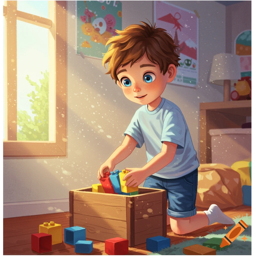 Illustrative style painting of a young boy playing with colorful toy blocks in a sunny playroom.