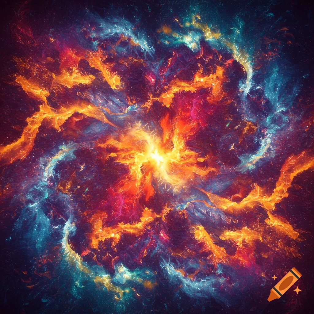 Abstract swirling orange, red, and blue energy resembling a cosmic nebula.