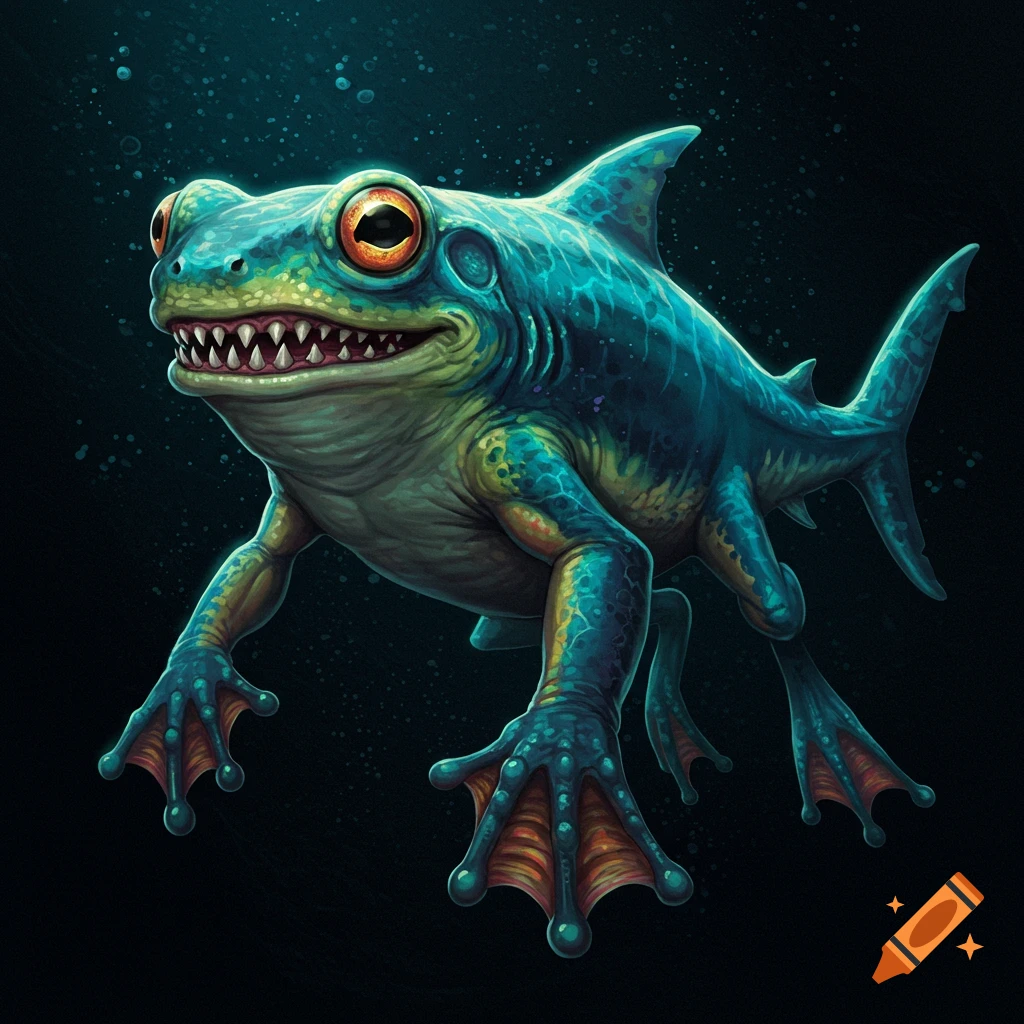 A fantasy creature combining a frog and a shark swimming in dark water with bubbles.