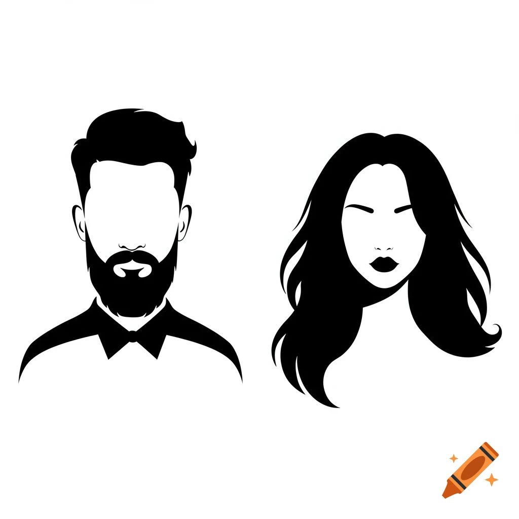 Stylized black and white silhouettes of a man with a beard and a woman with long hair.