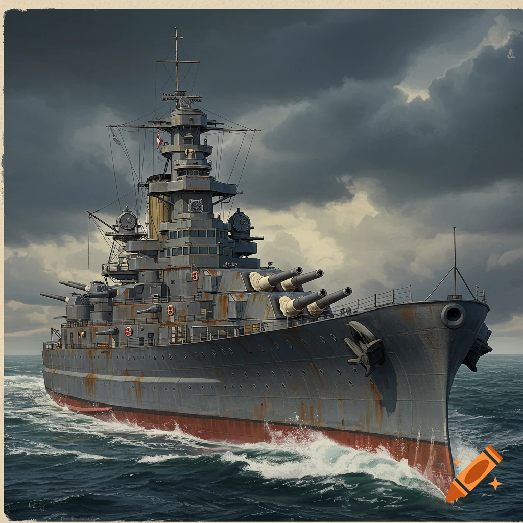 Illustration of a battleship sailing through stormy seas.