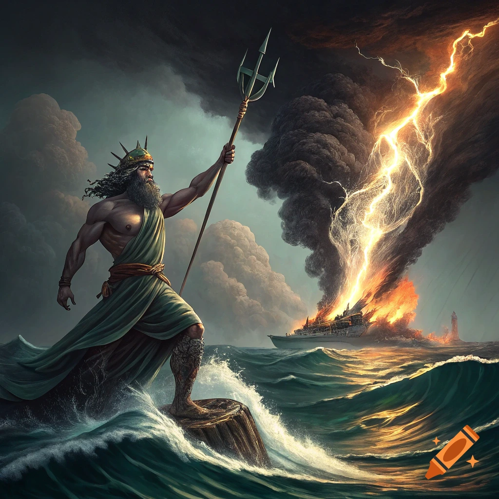Poseidon stands on a rock in a stormy sea, holding a trident, with lightning striking a burning ship in the background.