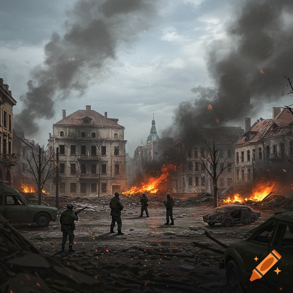 Soldiers standing in a destroyed city square with fires