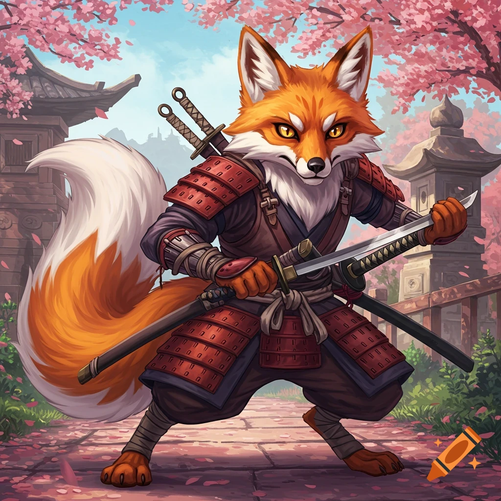 A cartoon fox in samurai armor holds two swords in a Japanese garden with cherry blossoms.