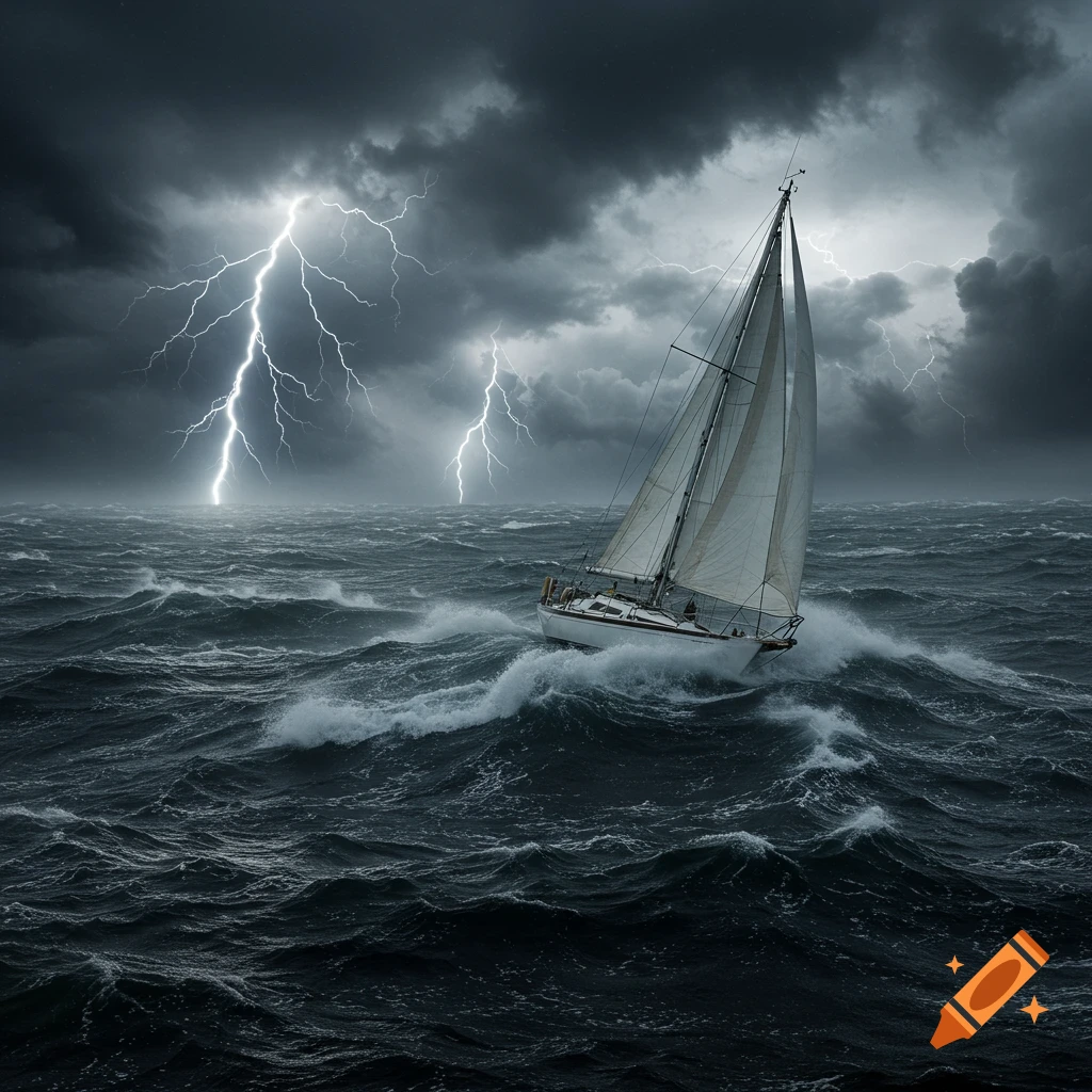 A sailboat navigates rough seas under a dark, stormy sky with lightning.