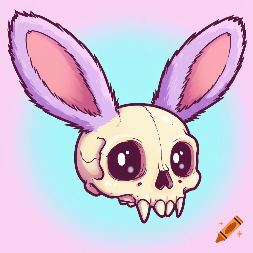 Cartoon illustration of a skull with pink and purple bunny ears on a gradient background.