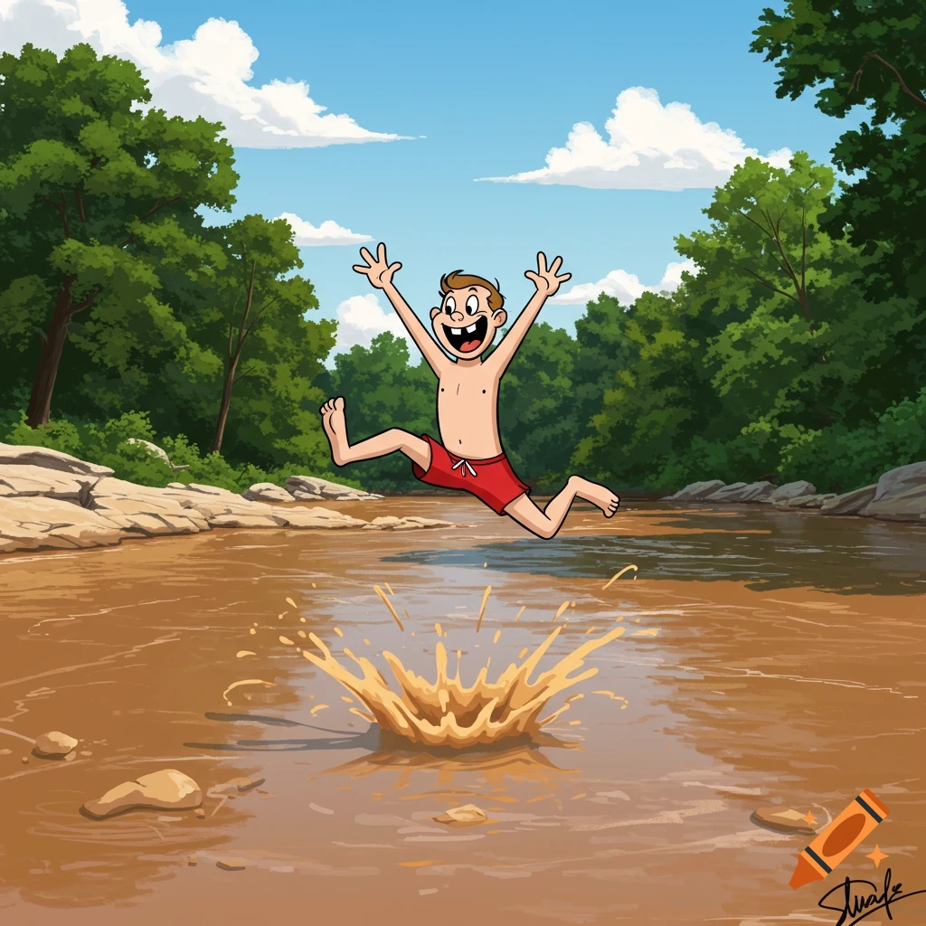 Cartoon boy jumps into a muddy river creating a splash.