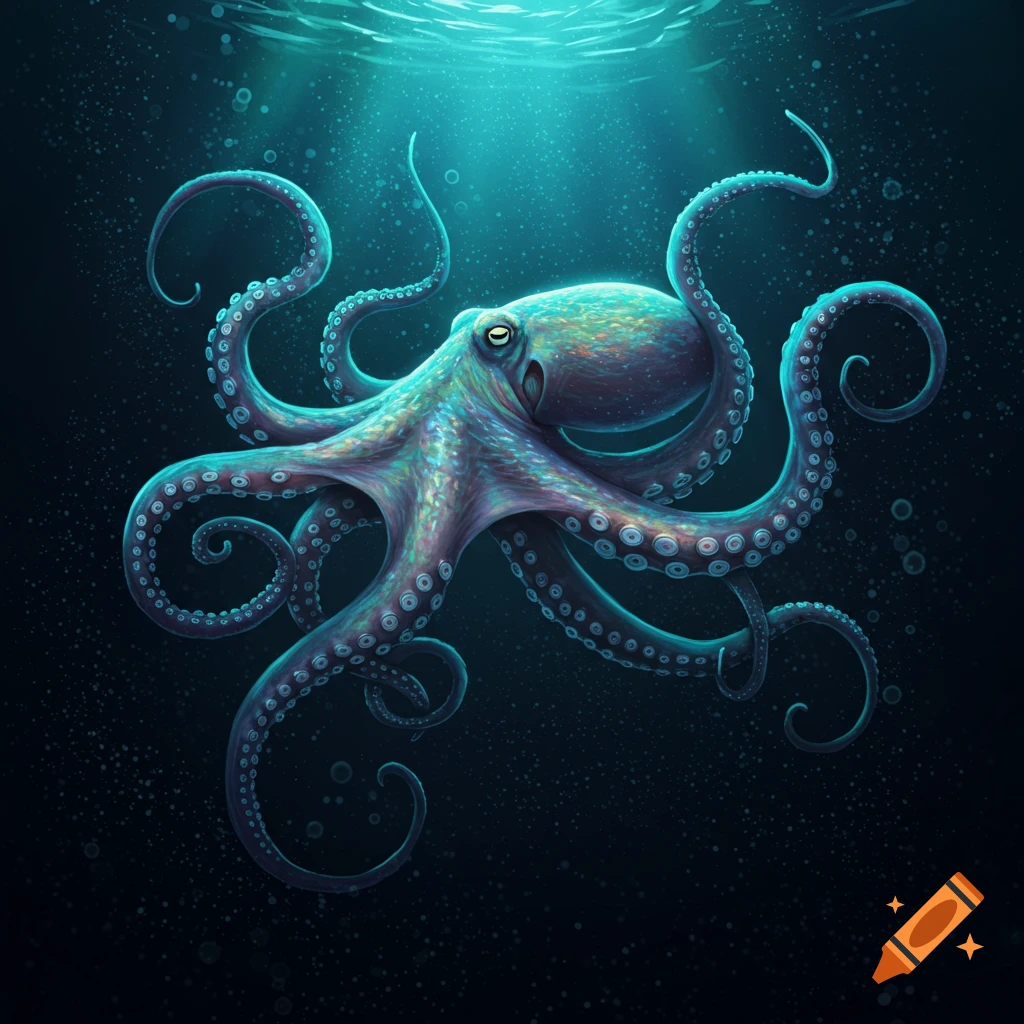An octopus swims in dark water.