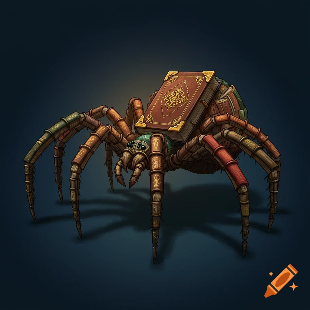 A spider creature made of books