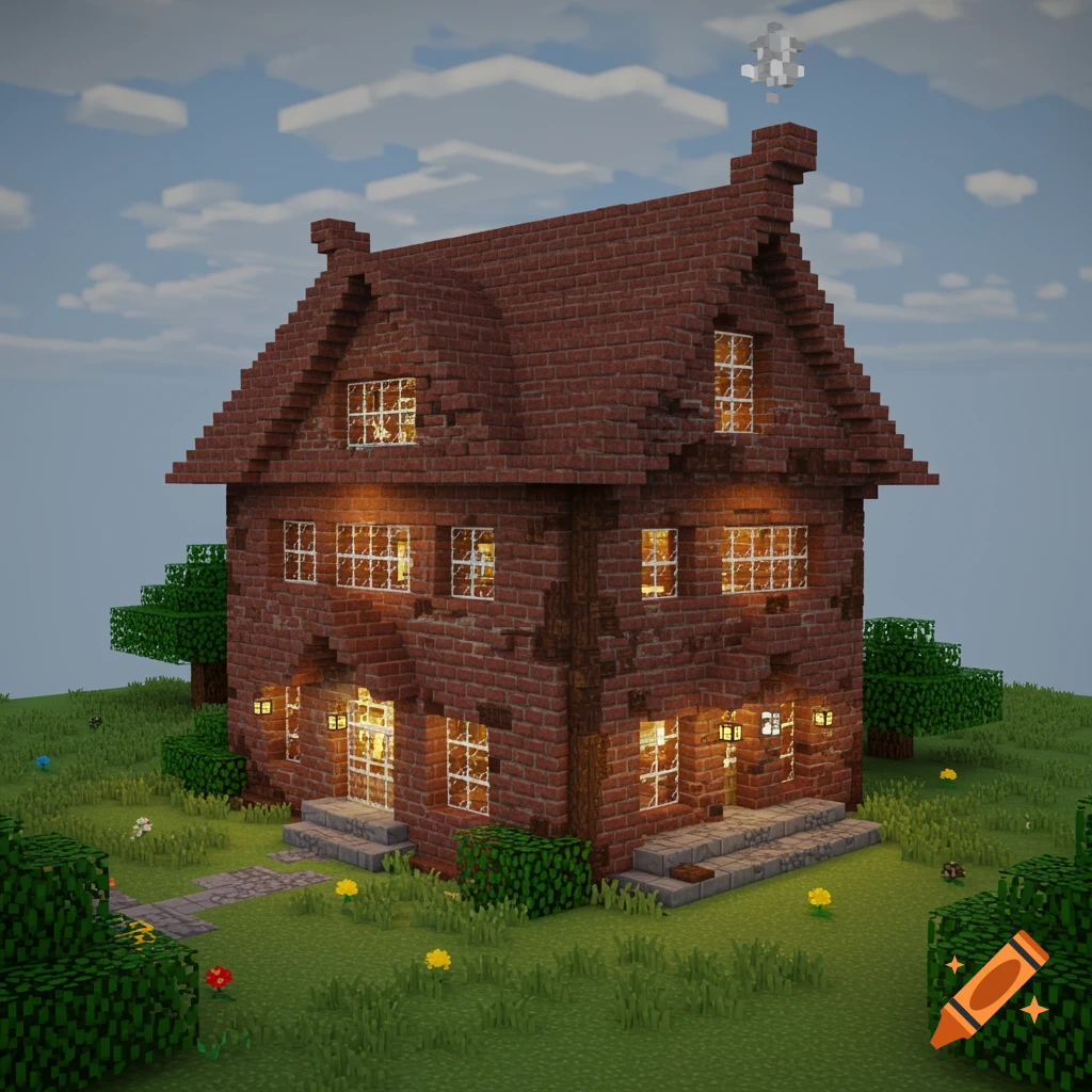A photorealistic rendering of a brick Minecraft house with a garden.