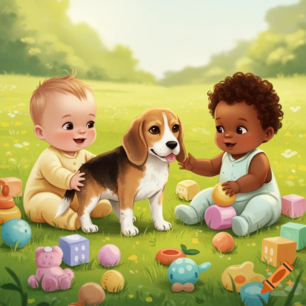 Two babies and a beagle play with toys in a whimsical meadow illustration.