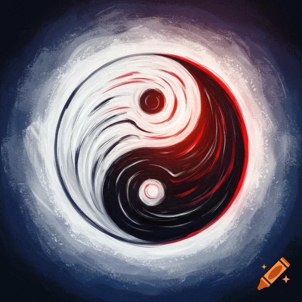 A stylized Yin Yang symbol with red highlights