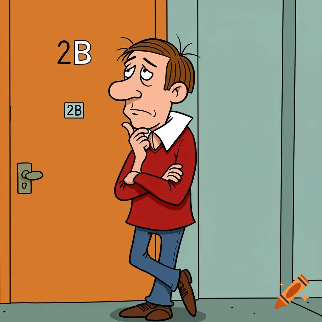 Cartoon man in red sweater stands thoughtfully by apartment door with number 2B, in Gary Larson style.