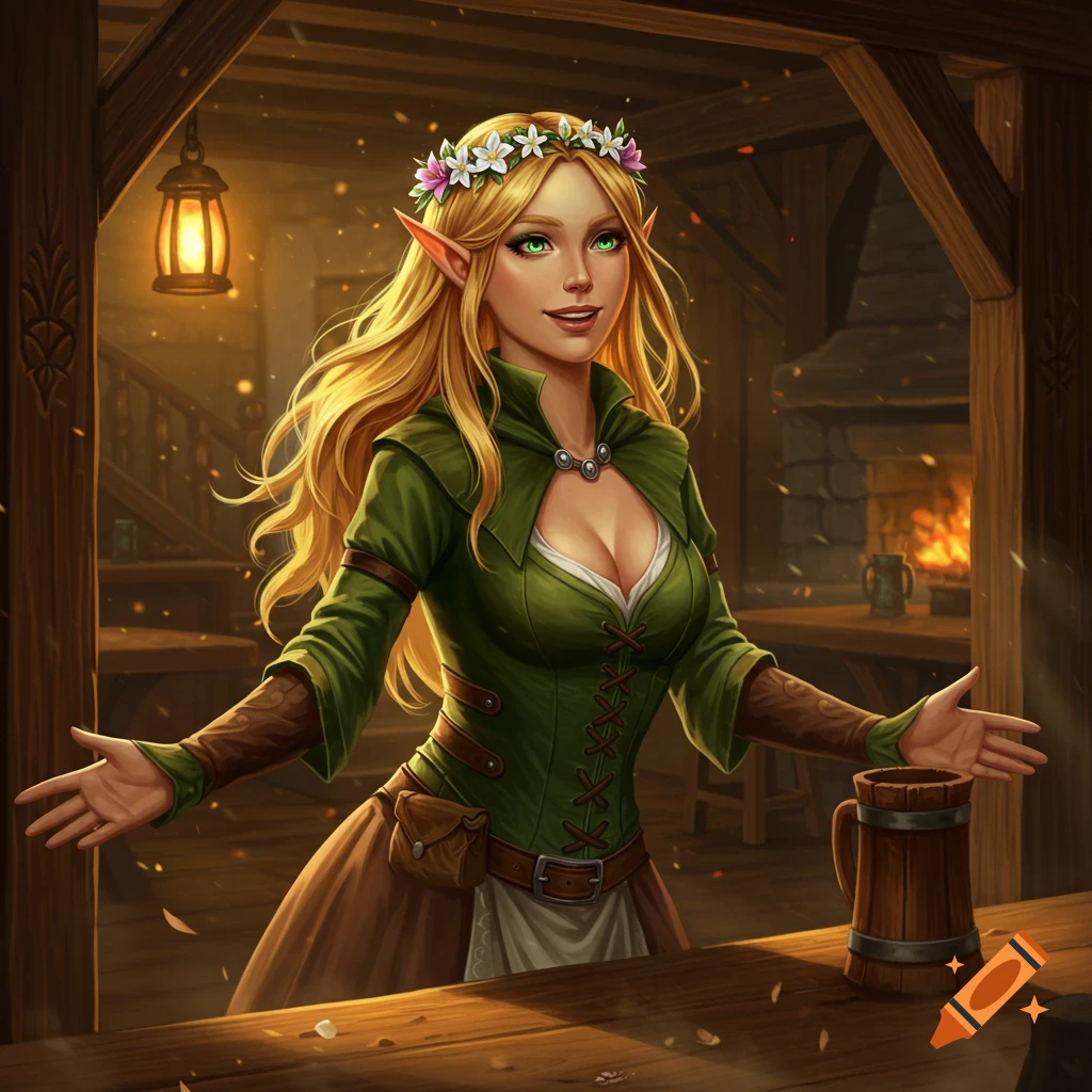A smiling elven barmaid with flowers in her hair stands at a bar in a fantasy tavern.