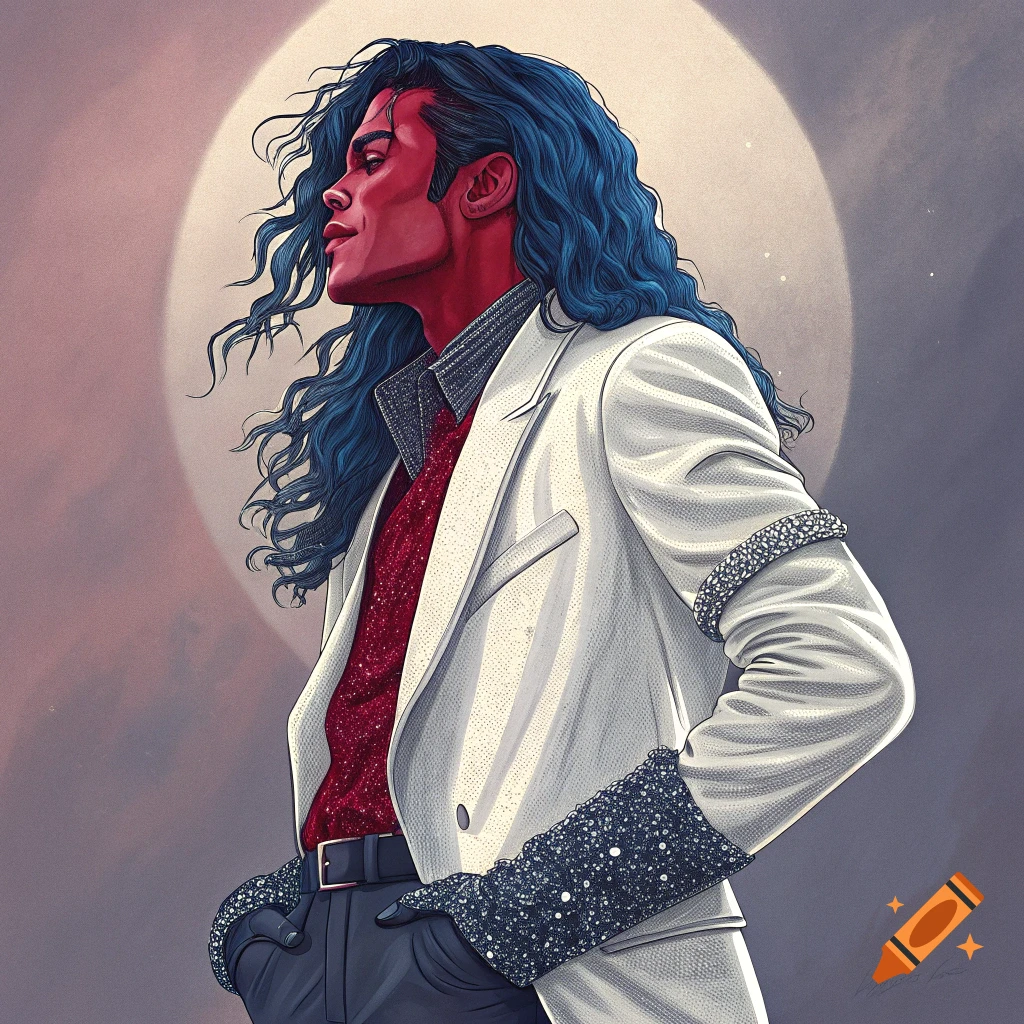 Illustration of a person resembling Michael Jackson with blue hair and red skin in a white suit.