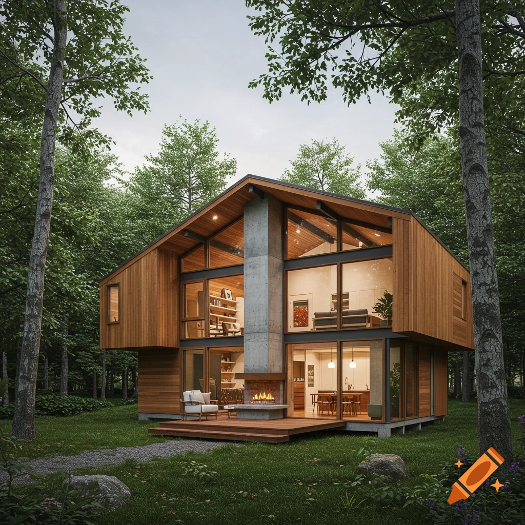 Modern wooden and glass house with a deck in a forest clearing.