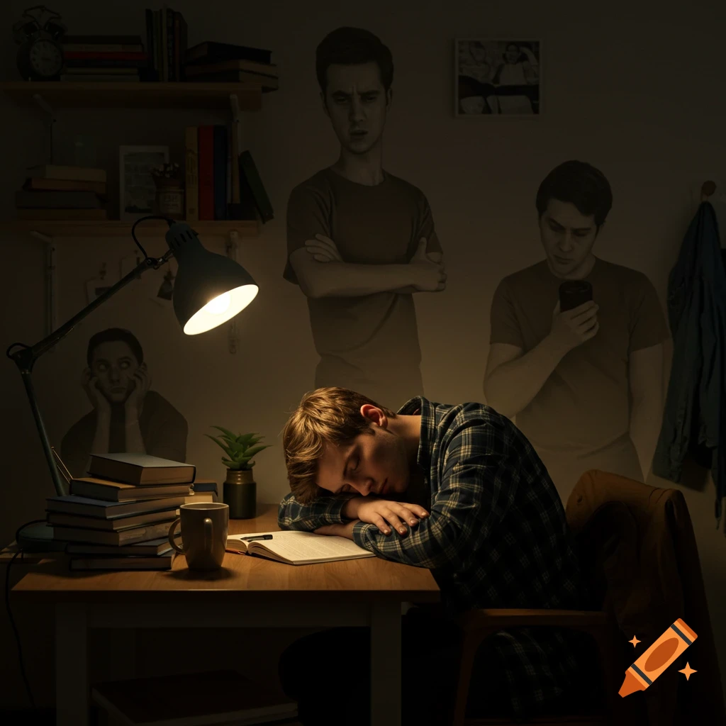 A young man sleeps at a desk, surrounded by ghostly figures representing different emotions in a dimly lit room.