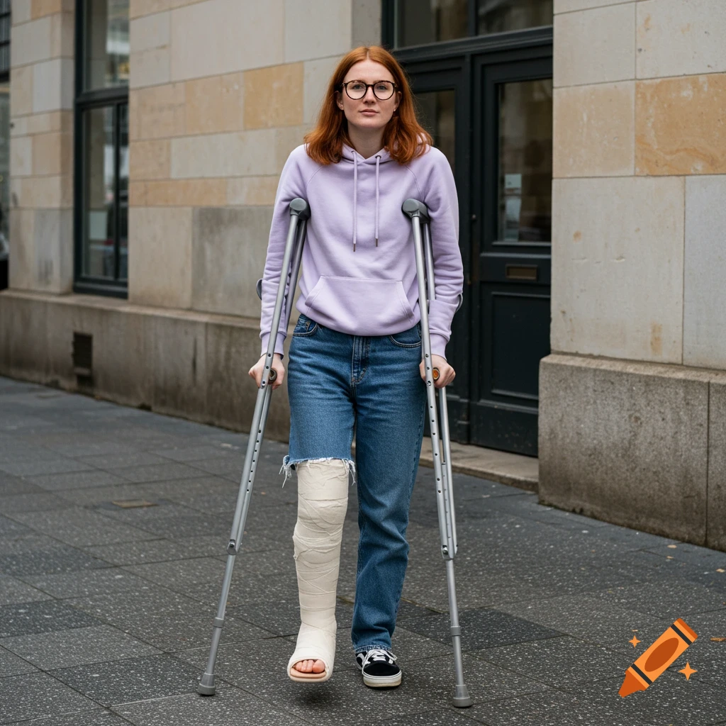 A woman with red hair and glasses stands on crutches with a cast on her left leg.