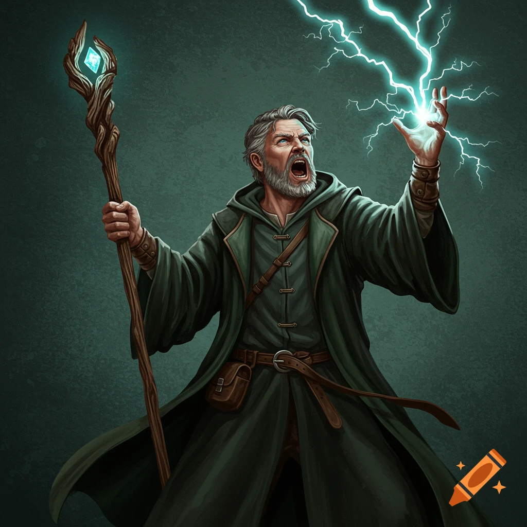 A wizard in green robes casting a lightning spell.