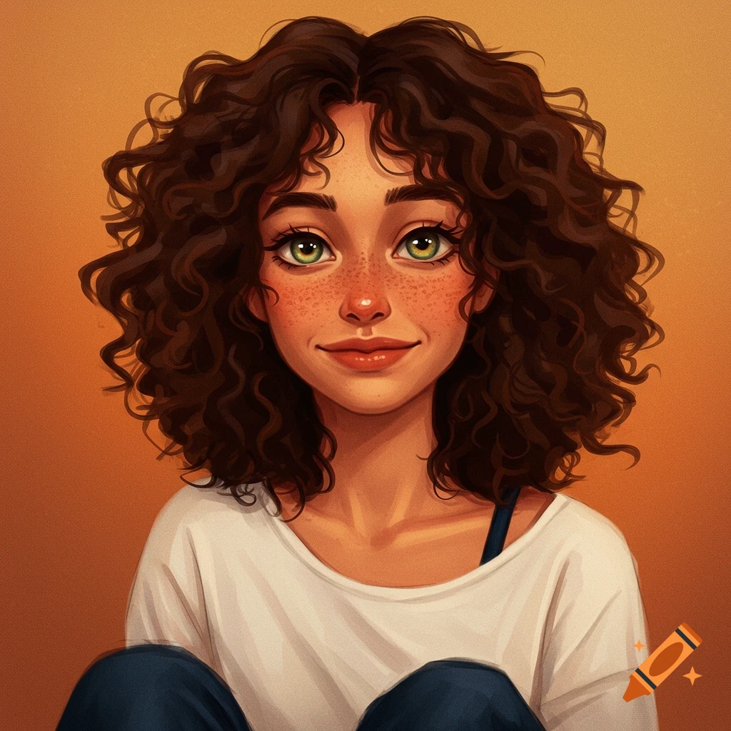 A young woman with curly brown hair and freckles is smiling.