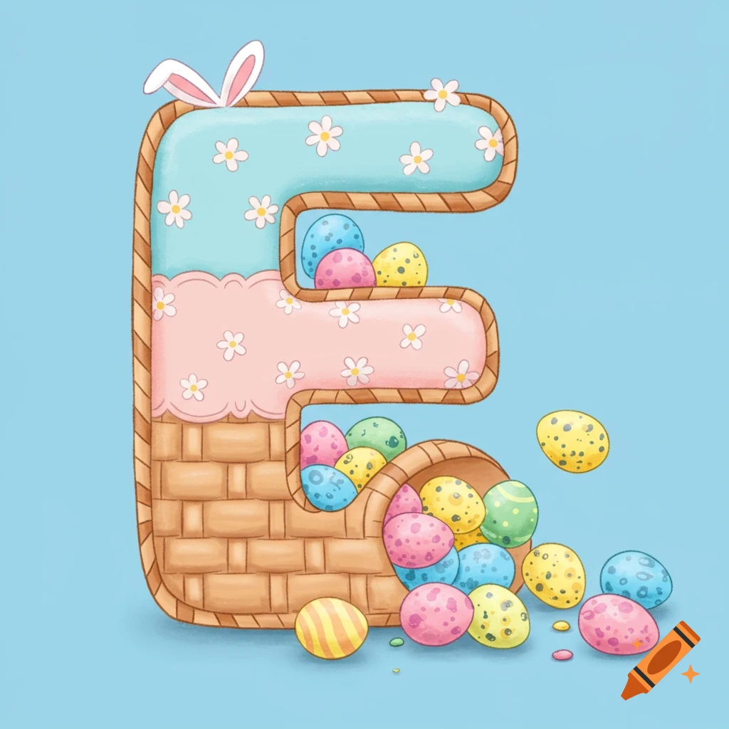 A digital illustration of an Easter basket shaped like the letter E, filled and spilling colorful decorated eggs onto a blue background.