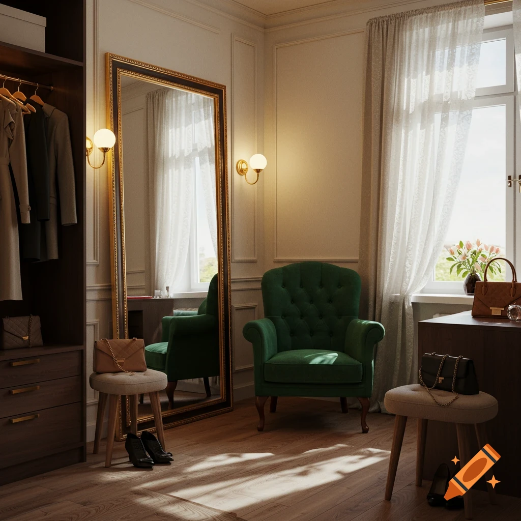 A well-appointed dressing room with a large mirror, green armchair, wardrobe, and accessories.