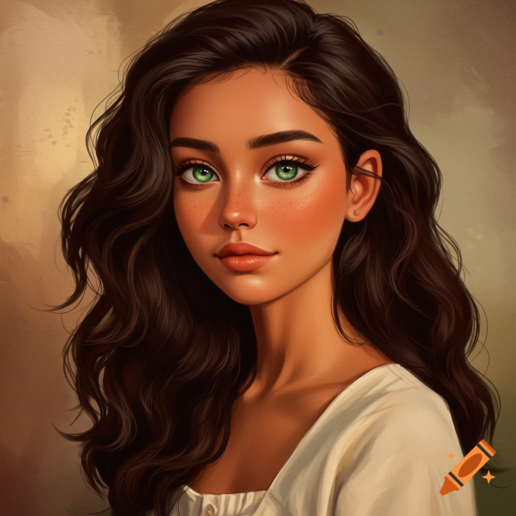 A young woman with dark hair, tan skin, and green eyes.