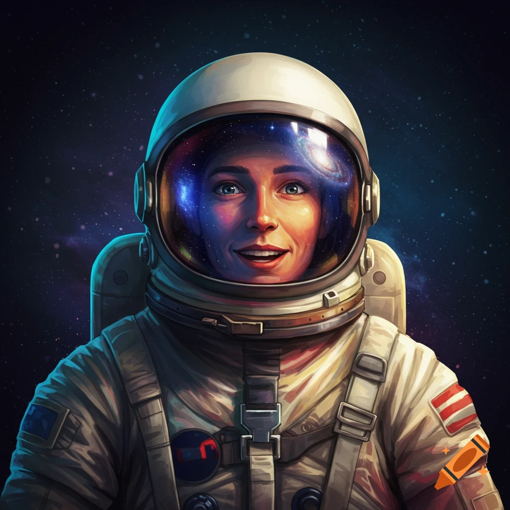A smiling person in an Apollo-era spacesuit, with a galaxy reflected in the helmet visor.