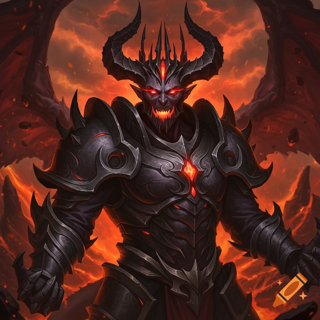 A demon king in dark armor with red eyes and horns, against a fiery background.