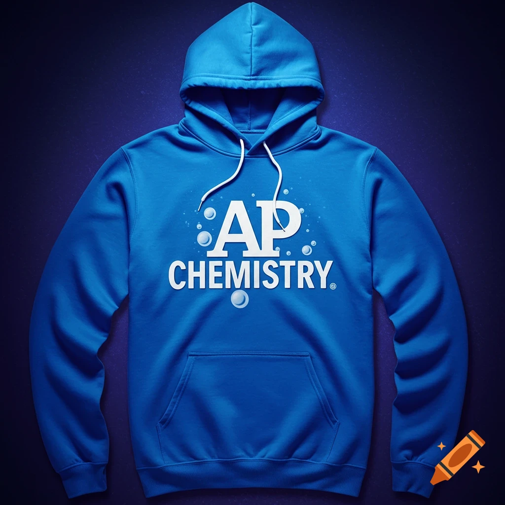 Blue hoodie with AP CHEMISTRY text and water droplets