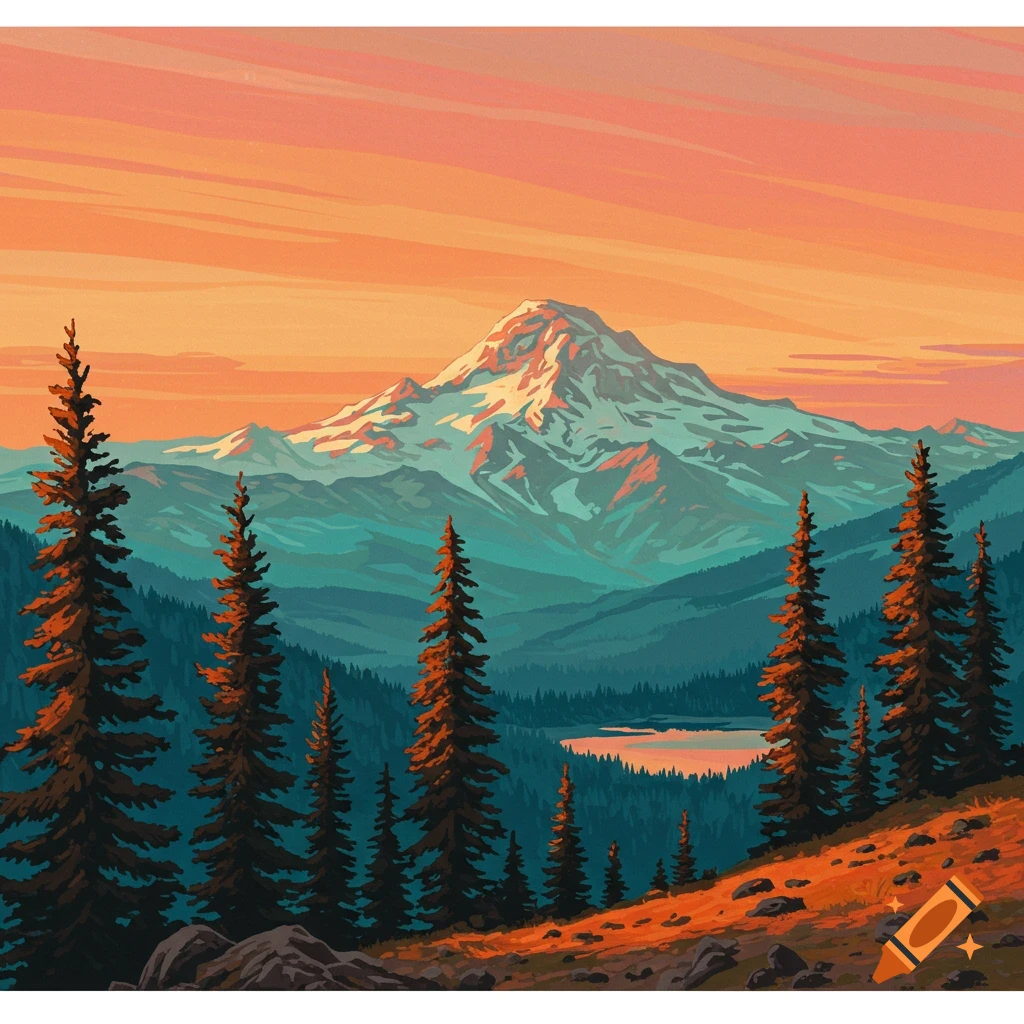 A stylized image of a snowy mountain peak over a valley with a lake, forest, and pine trees at sunset.